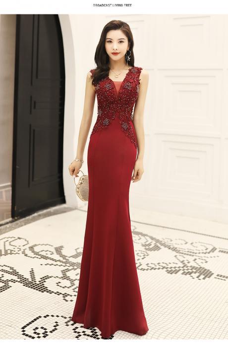 Sexy Mermaid Dark Red V-neckline Beaded Long Prom Dress, A-line Wine Red Evenind Dress