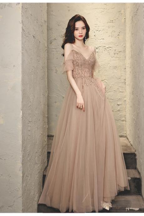 Cute Pink Tulle Beaded V-neckline Long Prom Dress Party Dress, A-line Beaded Formal Gown Evening Dress