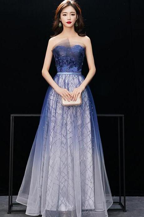 Unique Blue Gradient Tulle Long Party Dress, A-line Tulle Floor Length Prom Dress Evening Dress