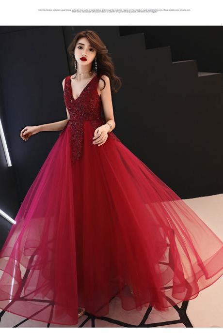 V-neckline Long Wine Red Lace Top And Tulle Evening Dress, Long Prom Dress Party Dress