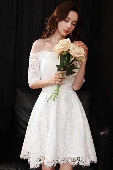 White Lovely Lace Short Party Dress, Cute Short Sleeves Graduation Dress