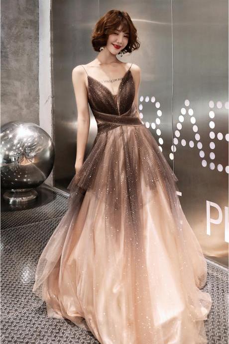 Gradient Tulle V Back Long Fashion Evening Dress, Straps Long Prom Dress Party Dress