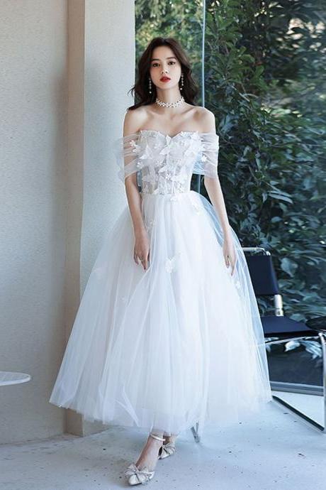 White Cute Off Shoulder Tea Length Party Dress, White Prom Dress Evening Dress