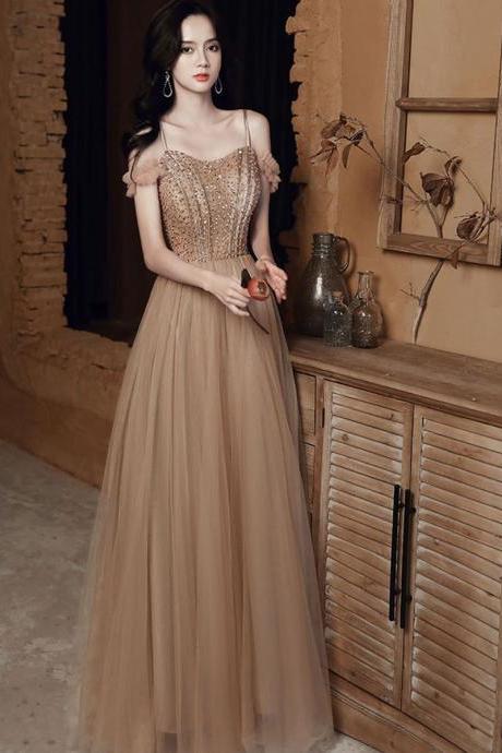 Champagne Beaded Straps Long Party Dress, Long Champagne Tulle Prom Dress Evening Dress