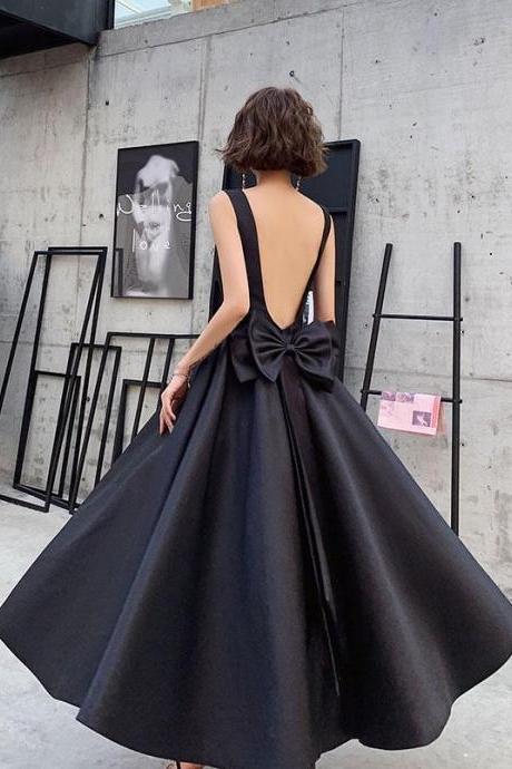 Lovely Black Backless Fashionable Tea Length Wedding Party Dress, Black Short Prom Dress