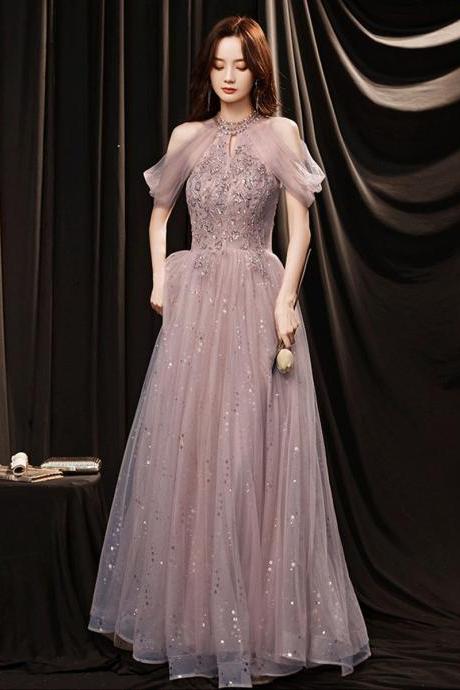 Unique Halter Off Shoulder Shiny Tulle Floor Length Party Dress, Long Evening Dress Prom Dress