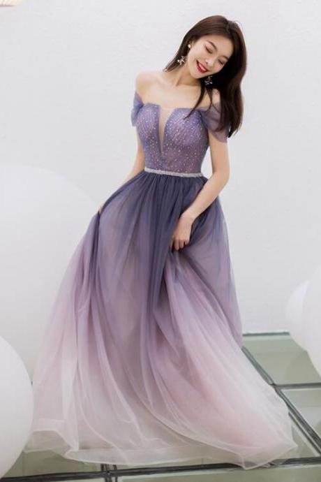 Charming Gradient Beaded Tulle Long Chich Party Dress, A-line Tulle Prom Dress Formal Dress