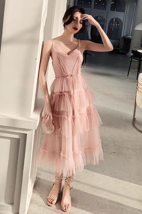 Lovely Light Pink Layers Tulle Cute Short Straps Party Dress, Pink Evening Dress Homecoming Dress