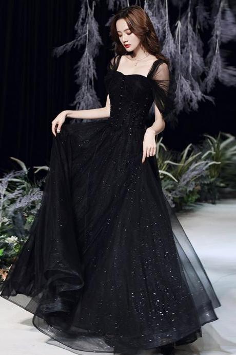 Black Elegant Off Shoulder Long Evening Dress Party Dress, Black A-line Prom Dress