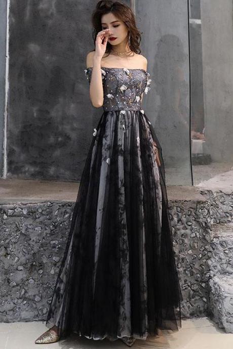 Black Floral Lace Elegant Long Evening Gown, A-line Style Black Party Dress