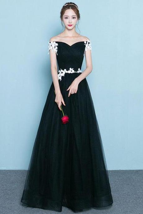 Black Tulle Simple Long Party Dress with White Flowers Party Dress, Black Bridesmaid Dress
