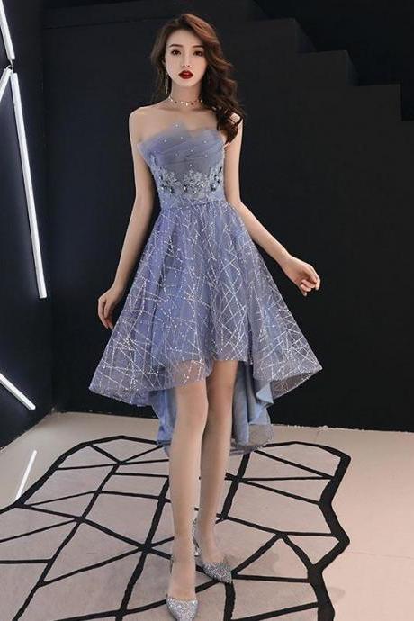 Blue Grey High Low Fashionable Homecoming Dress, High Low Prom Dress