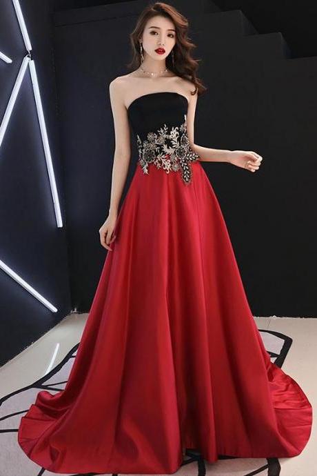 Red And Black Satin Long Evening Dress, A-line Floor Length Prom Dress