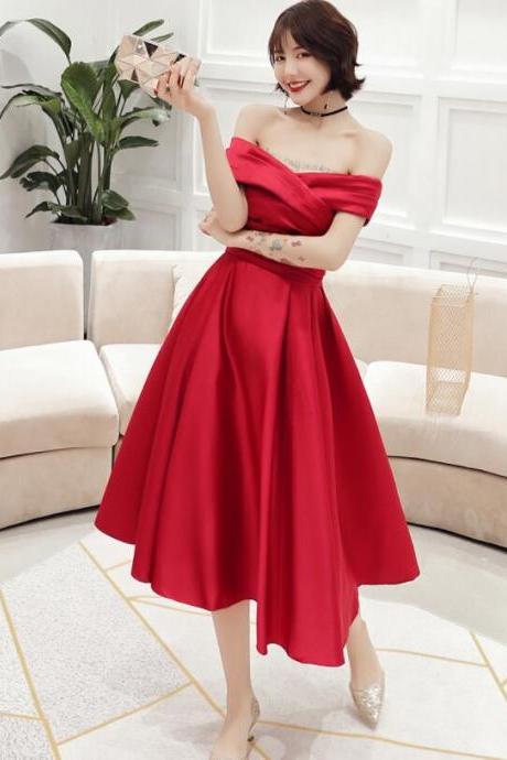 Red Satin Off Shoulder Tea Length Bridesmaid Dress, Red Party Dress Homecoming Dress