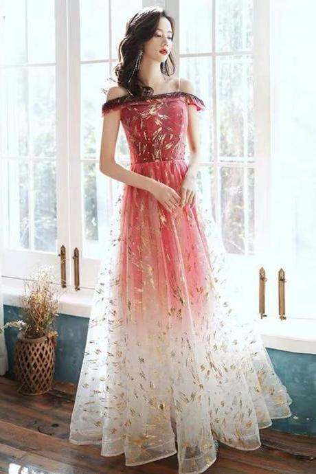 Pink Gradient Off Shoulder Bridesmaid Dress, Long Party Dress Prom Dress