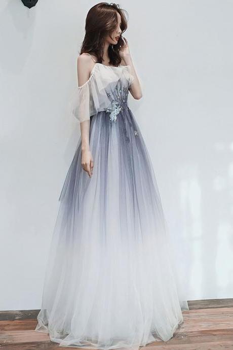 Blue And White Gradient Long Off Shoulder Long Party Dress, A-line Tulle Evening Dresss