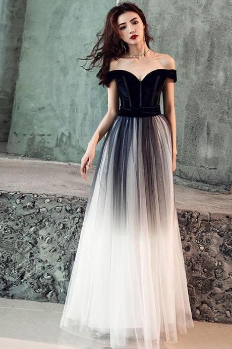 Black Velvet And Tulle Gradient Long Party Dress, Off Shoulder Sweetheart Prom Dress