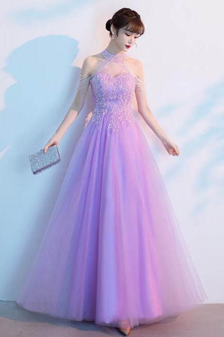 Lovely Pink Beaded Halter Tulle Long Party Dress, A-line Tulle Formal Dress Evening Dress
