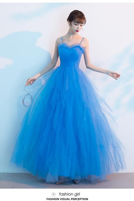 Blue Tulle Straps Long Cute Wedding Party Dress Formal Dress, Blue Prom Dress