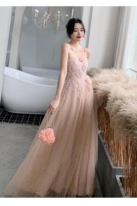 Pink Tulle Beaded V-neckline Straps Floor Length Evening Dress, Pink Formal Dress