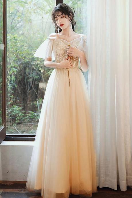 Lovely Light Champagne Flower Lace Straps Long Evening Dress, Champagne Long Prom Dress Party Dress