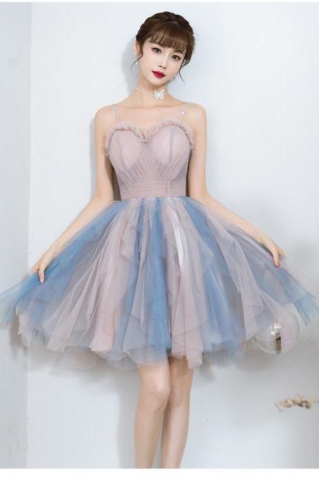 Blue And Pink Lovely Short Straps Homecoming Dress, Cute Short Party Dress Prom Dress