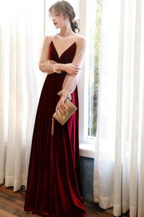 Beautiful Wine Red Velvet With Tulle Long Sleeves Prom Dress, Long Party Dress Formal Dress