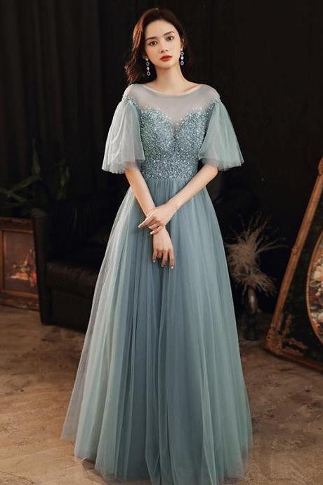 Blue Beaded Cap Sleeves Tulle Floor Length Party Dress, A-line Tulle Evening Dress