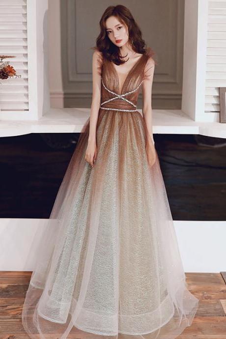 Champagne Gradient Tulle V-neckline Beaded Long Formal Dress, A-line Tulle Prom Dress