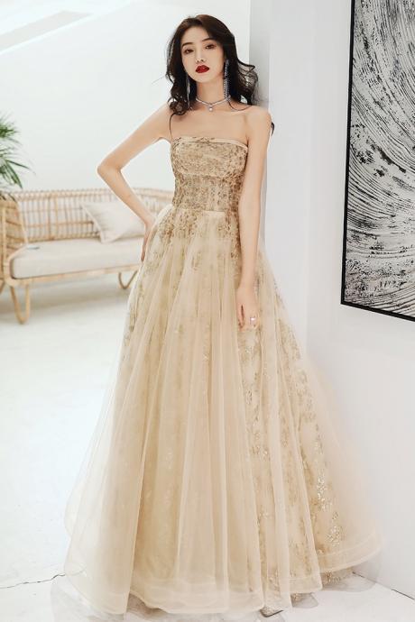 Lovely Champagne Scoop Floor Length Long Party Dress Formal Dress, Tulle Evening Gown