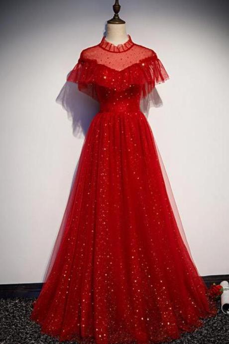 Beautiful Red Sequins Tulle High Neckline Long Shiny Prom Dress, Red Wedding Party Dress