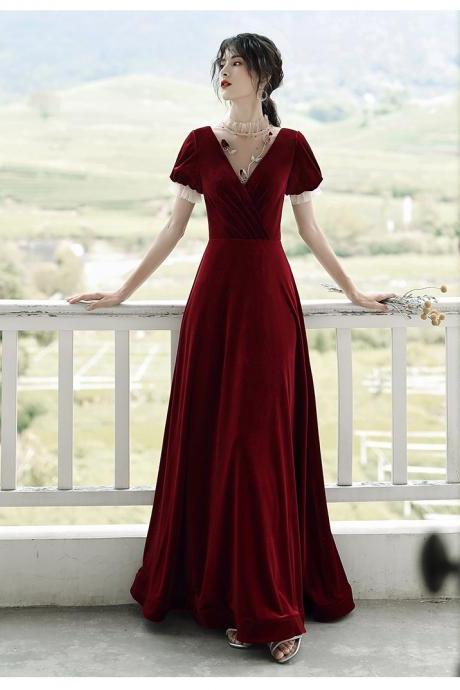 Wine Red Elegant Velvet Short Sleeves Wedding Party Dress Formal Dress, Dark Red Evening Dresss