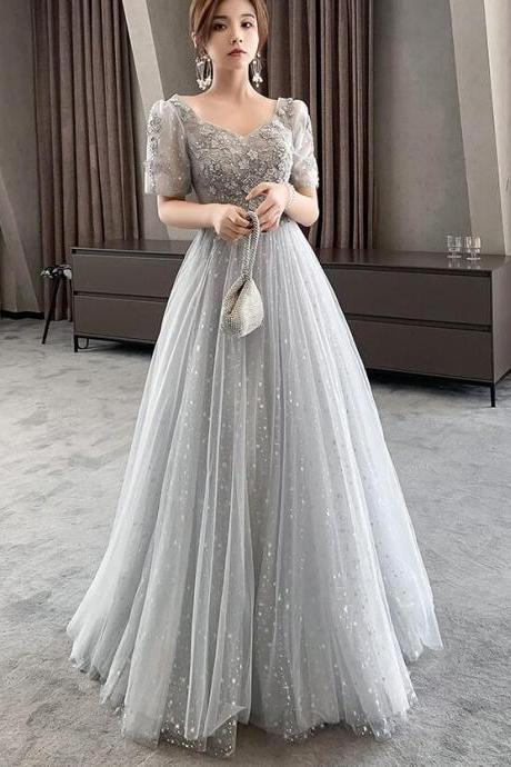 Light Grey Short Sleeves Tulle And Lace Lovely Party Dress, Long Tulle Prom Dress Party Dress