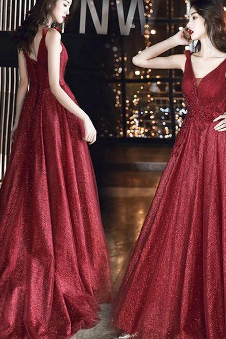 Shiny Red Tulle V-neckline Gorgeous Long Evening Dress, Red Prom Dress Party Dresses