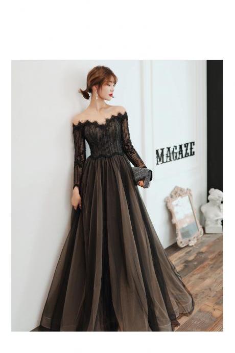 Black And Champagne Off Shoulder Short Sleeves Long Party Dress, Black Evening Dress Formal Dress