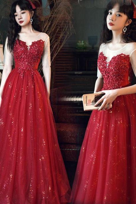 Wine Red Tulle With Lace Long Round Neckline Floor Length Party Dress, Wine Red Prom Dresses