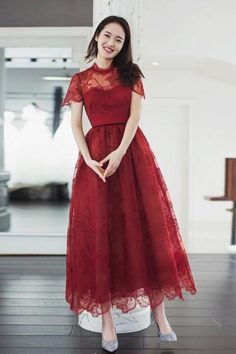 Dark Red Lace Cap Sleeves Tea Length Party Dress, Wine Red Lace Bridesmaid Dress