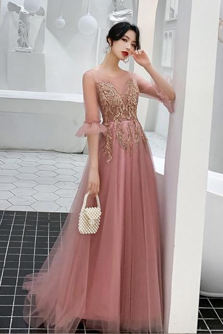 Pink Long Tulle Prom Dress With 1/2 Sleeves Party Dress, Pink Formal Dress With Gold Lace Prom Dress