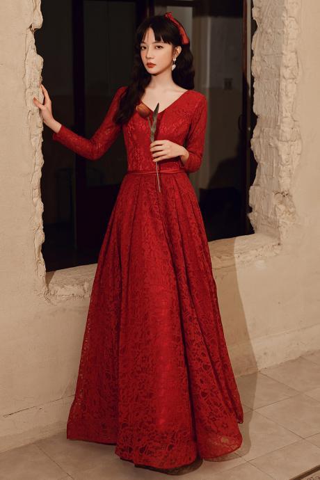 Red Lace V-neckline Short Sleeves Long Prom Dress, Red Lace Party Dresses Prom Dress 2021