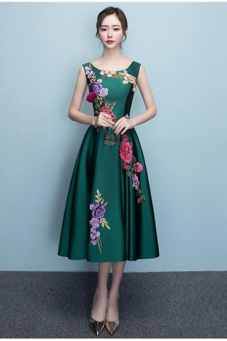 Dark Green Tea Length Round Satin with Embroidery Formal Dress, Green Weddin Party Dresses Prom Dress