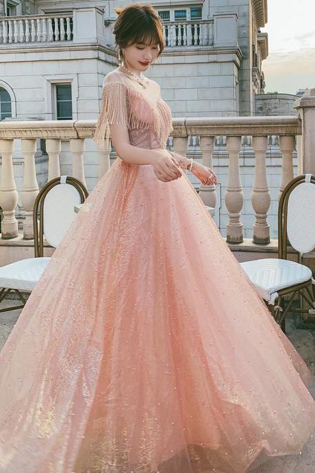 Pink Tulle Round Neckline Long Prom Dress Party Dress, A-line Cap Sleeves Prom Dress Formal Dress