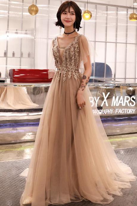 Champagne V-neckline Lace Tulle Long Formal Dress With Lace Applique, A-line Party Dress Evening Dress