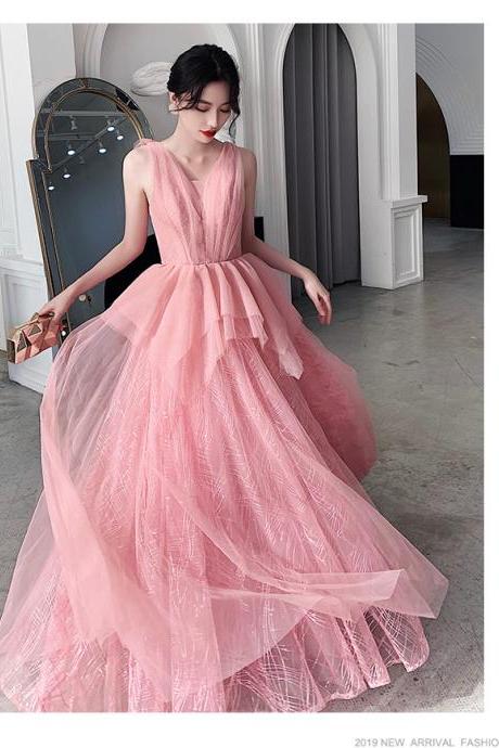 Pink Tulle Unique Style Floor Length Party Dress Formal Dress, Pink Prom Dress Evening Dress