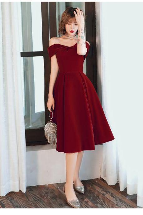 Wine Red Velvet Short Off Shoulder Homecoming Dress, Cute Dark Red Party Dress Prom Dress