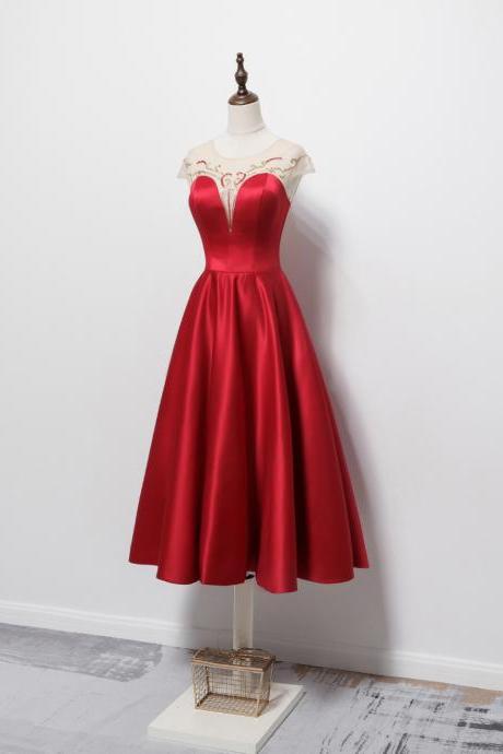 Red Satin Tea Length Round Neckline Beaded Party Dress, Red Short Prom Dress Homecoming Dress