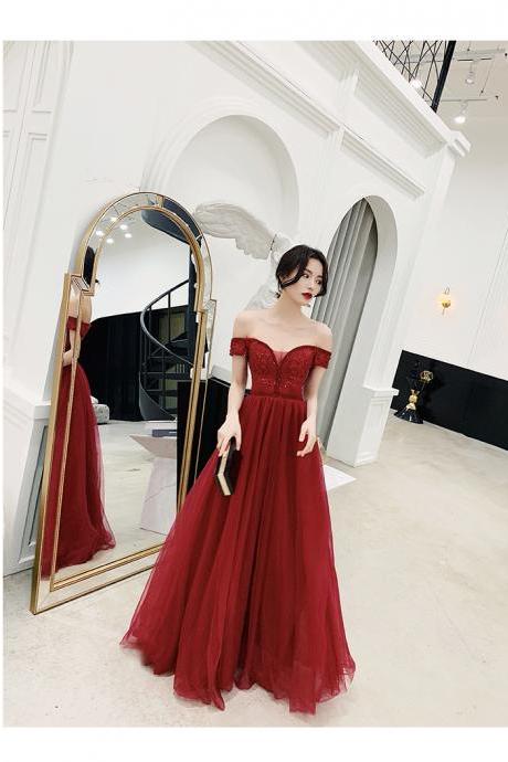 Wine Red Off Shoulder Lace Beaded Floor Length Prom Dress, Dark Red Party Dress Evening Dress