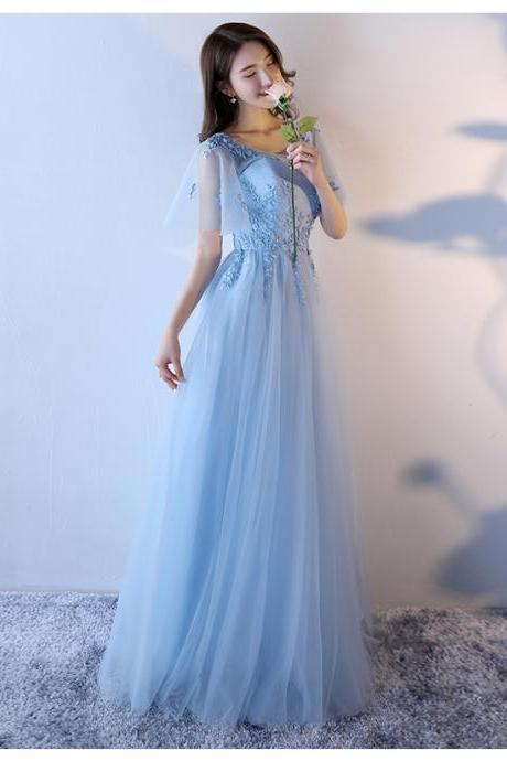 Lovely Light Blue Short Sleeves Tulle Long Evening Dress, Blue Bridesmaid Dress Party Dress