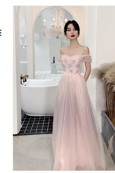 Pink Off Shoulder Tulle Flower Lace Long Party Dress, Sweetheart Prom Dress Evening Dress