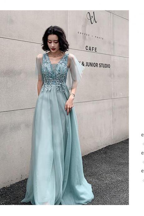 Blue Tulle V-neckline Lace Applique Long Party Dress, A-line Puffy Sleeves Long Prom Dress Party Dress