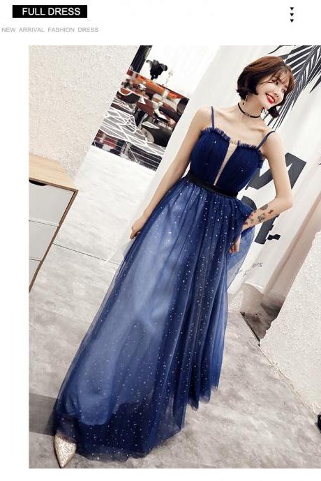 Blue Gradient Straps Tulle Floor Length Party Dress, A-line Tulle Long Prom Dress Party Dresses